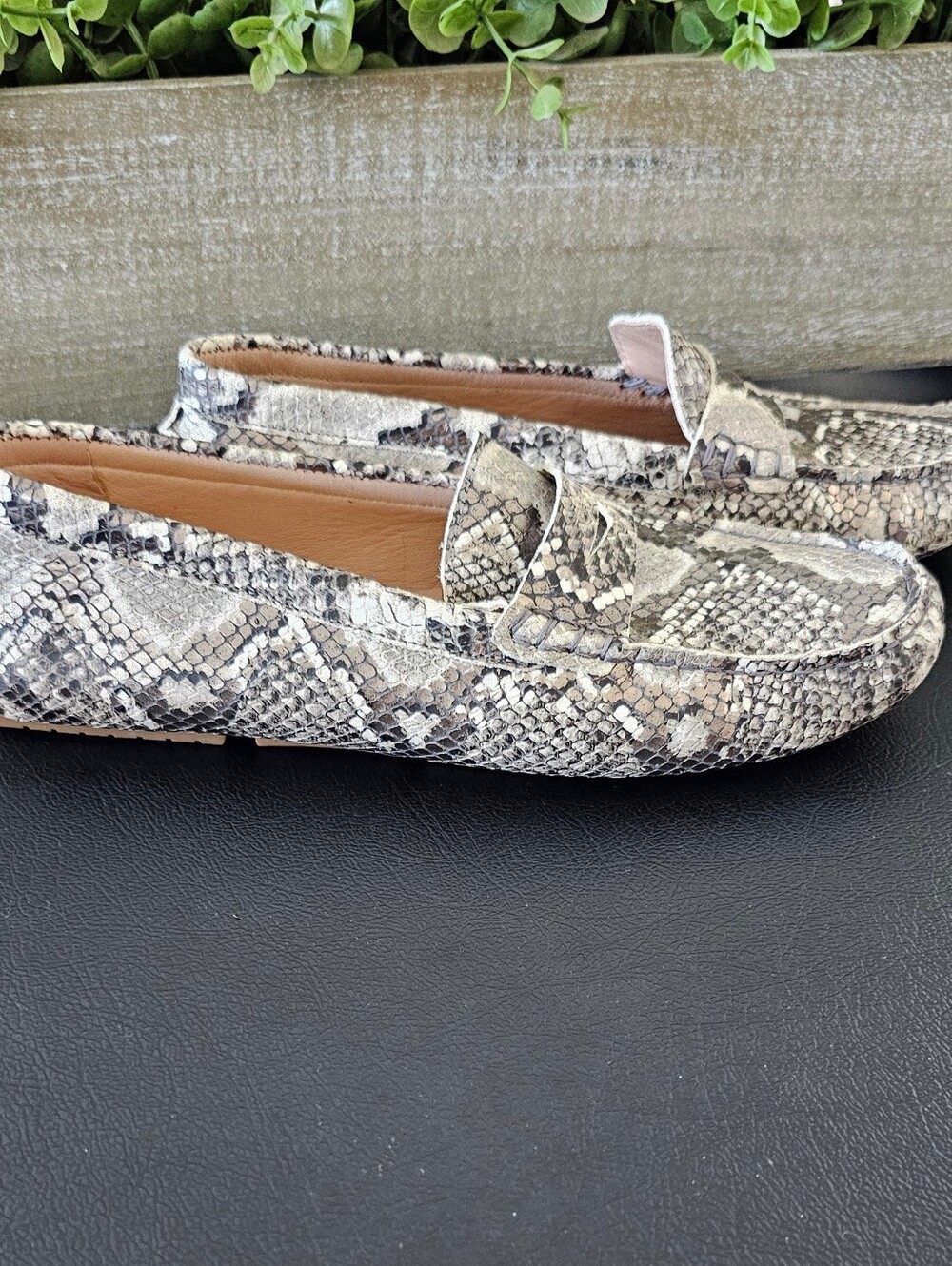 Flag LTD Women’s Leather Snakeskin-Print Penny Loafers Gray/Black Wht Sz 9 - Picture 2 of 8